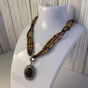 Brown Beaded Silver Tone Border Tiered Pendant Necklace